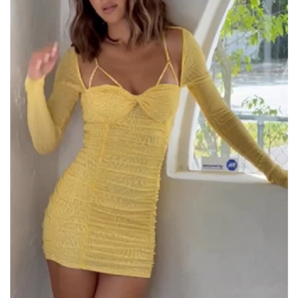 Camila Coelho Trixie Mini Dress Size XXS Yellow Stretch Mesh Lined Ruched NWOT